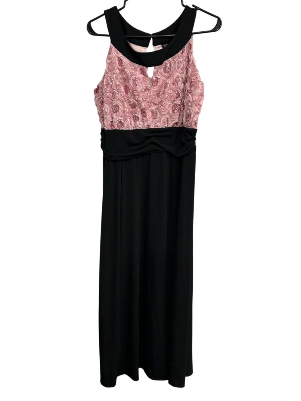 En Focus Women 14W Sequin Rosette Pink & Black Maxi Dress Elegant Eveningwear
